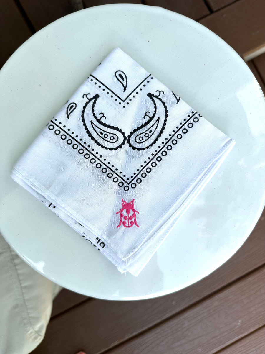 White Cotton Bandana Scarf with Pink Ladybug Monogram