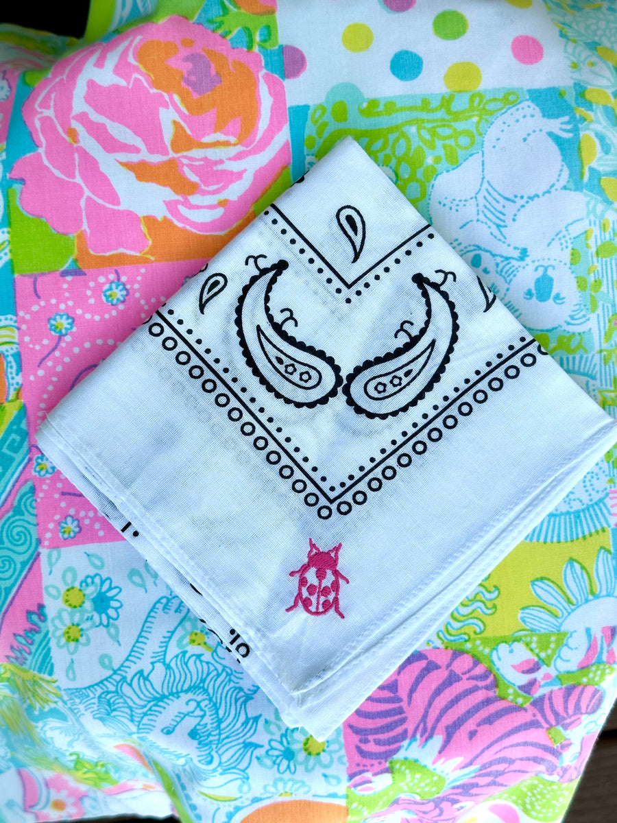 White Cotton Bandana Scarf with Pink Ladybug Monogram