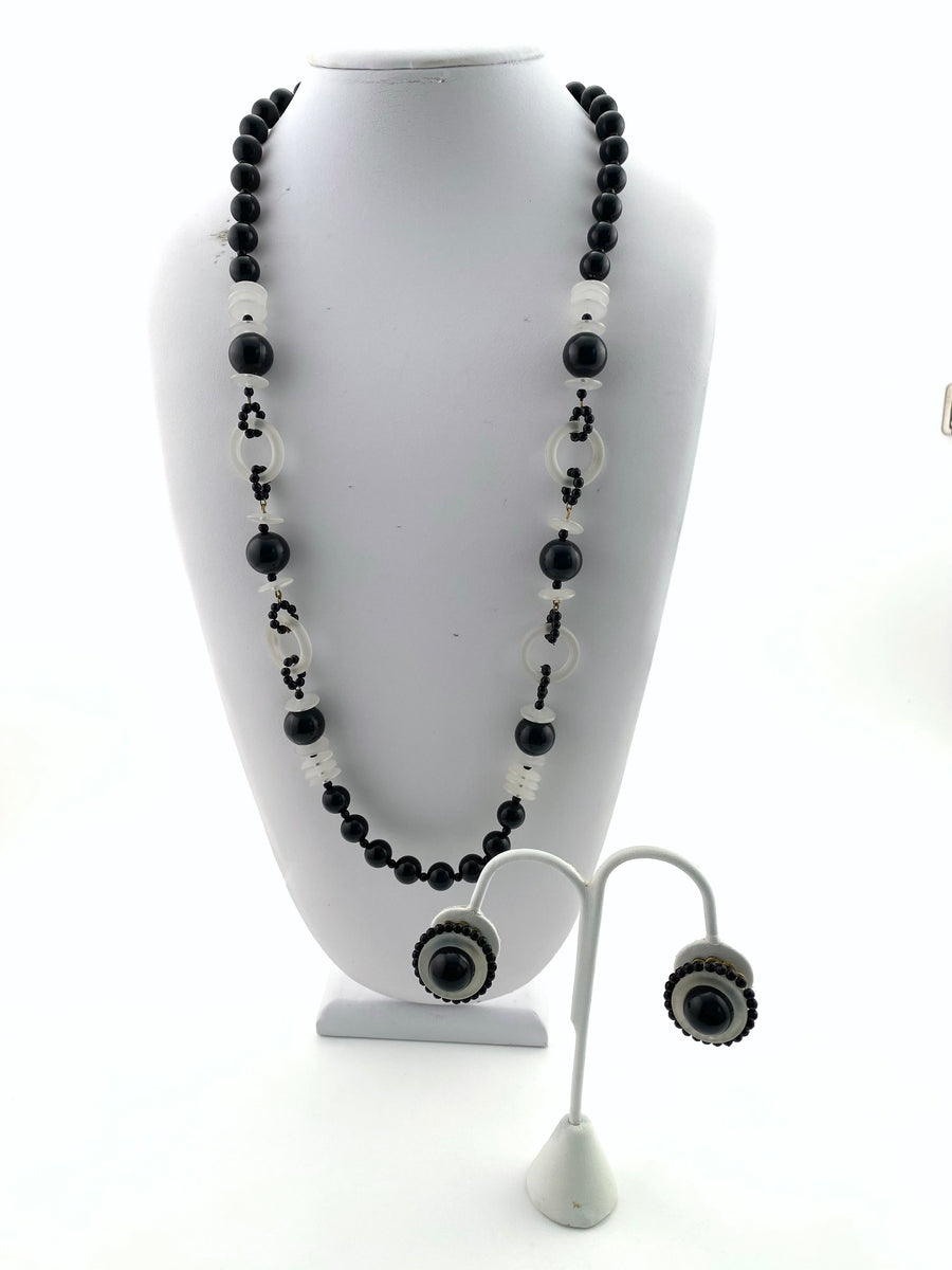 Vintage Miriam Haskell Long Black and Clear Resin Beaded Necklace and Earrings Set