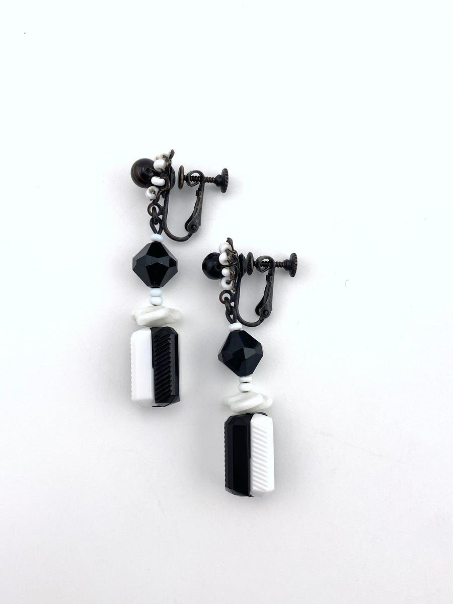 Miriam Haskell Black and White Glass Dangle Earrings