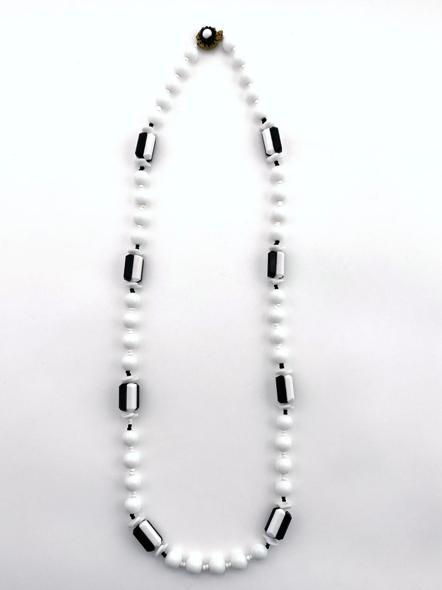 Vintage Miriam Haskell Long Black and White Glass Bead Necklace