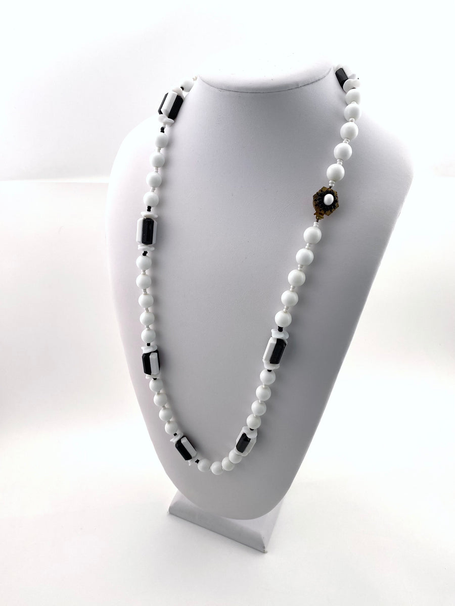 Vintage Miriam Haskell Long Black and White Glass Bead Necklace