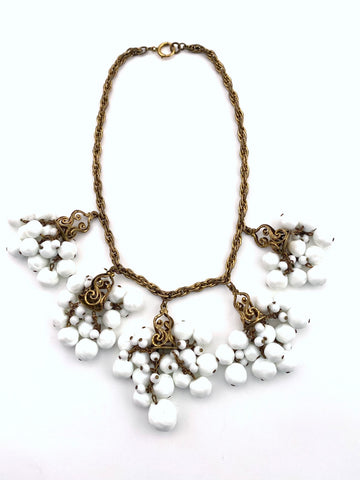 1940s Miriam Haskell White Glass Bead Tassel Necklace