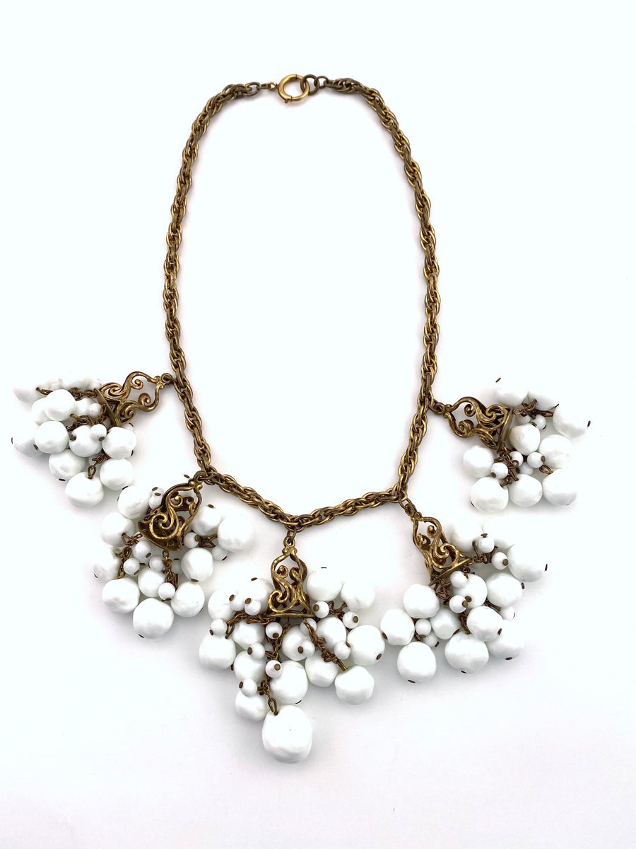 Vintage Miriam Haskell White Bead Necklace With Rhinestones