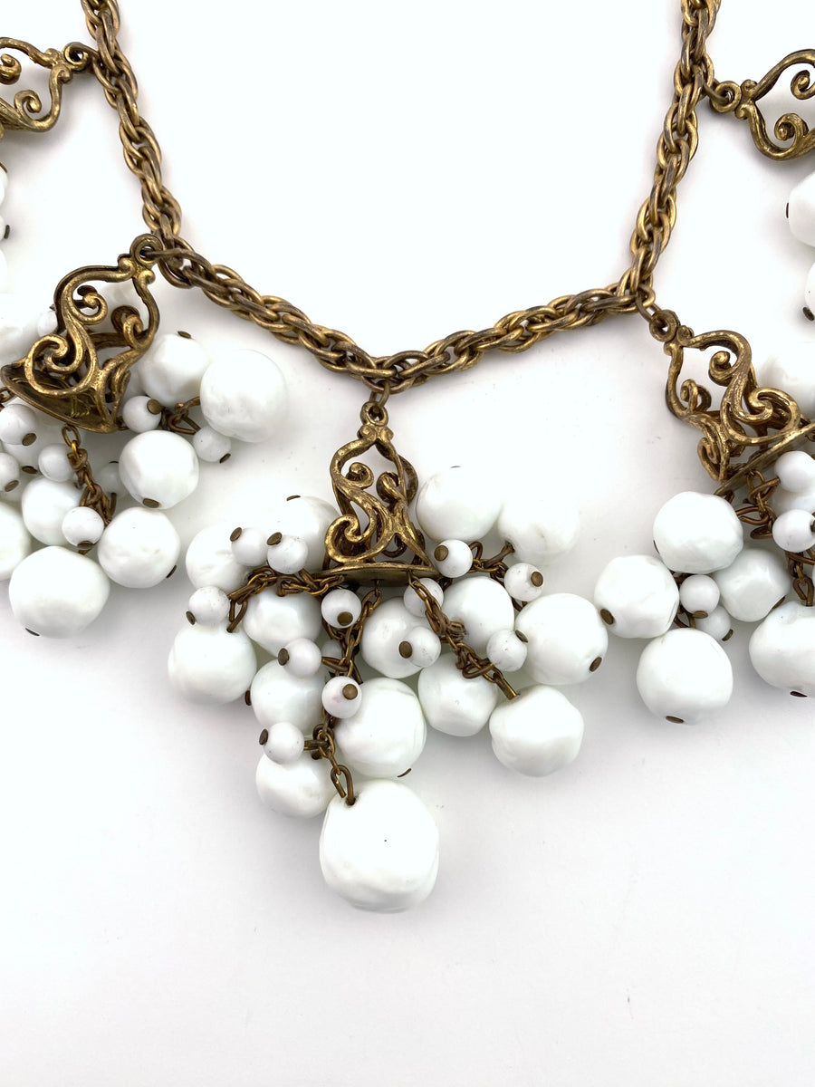 1940s Miriam Haskell White Glass Bead Tassel Necklace
