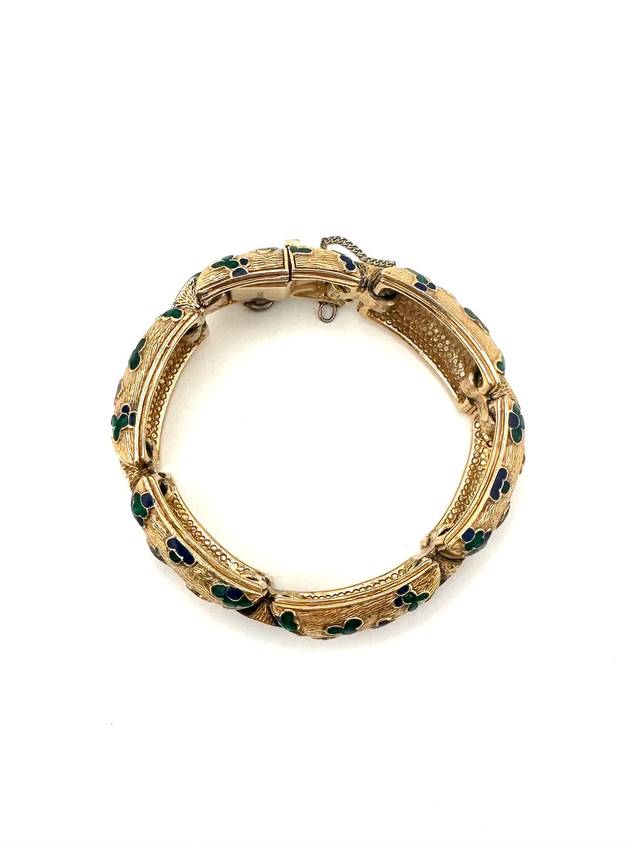 1970s Ciner Gold Link Bracelet with Blue and Green Enamel Shapes