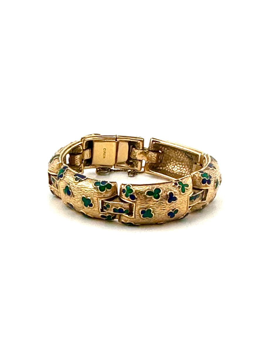 1970s Ciner Gold Link Bracelet with Blue and Green Enamel Shapes