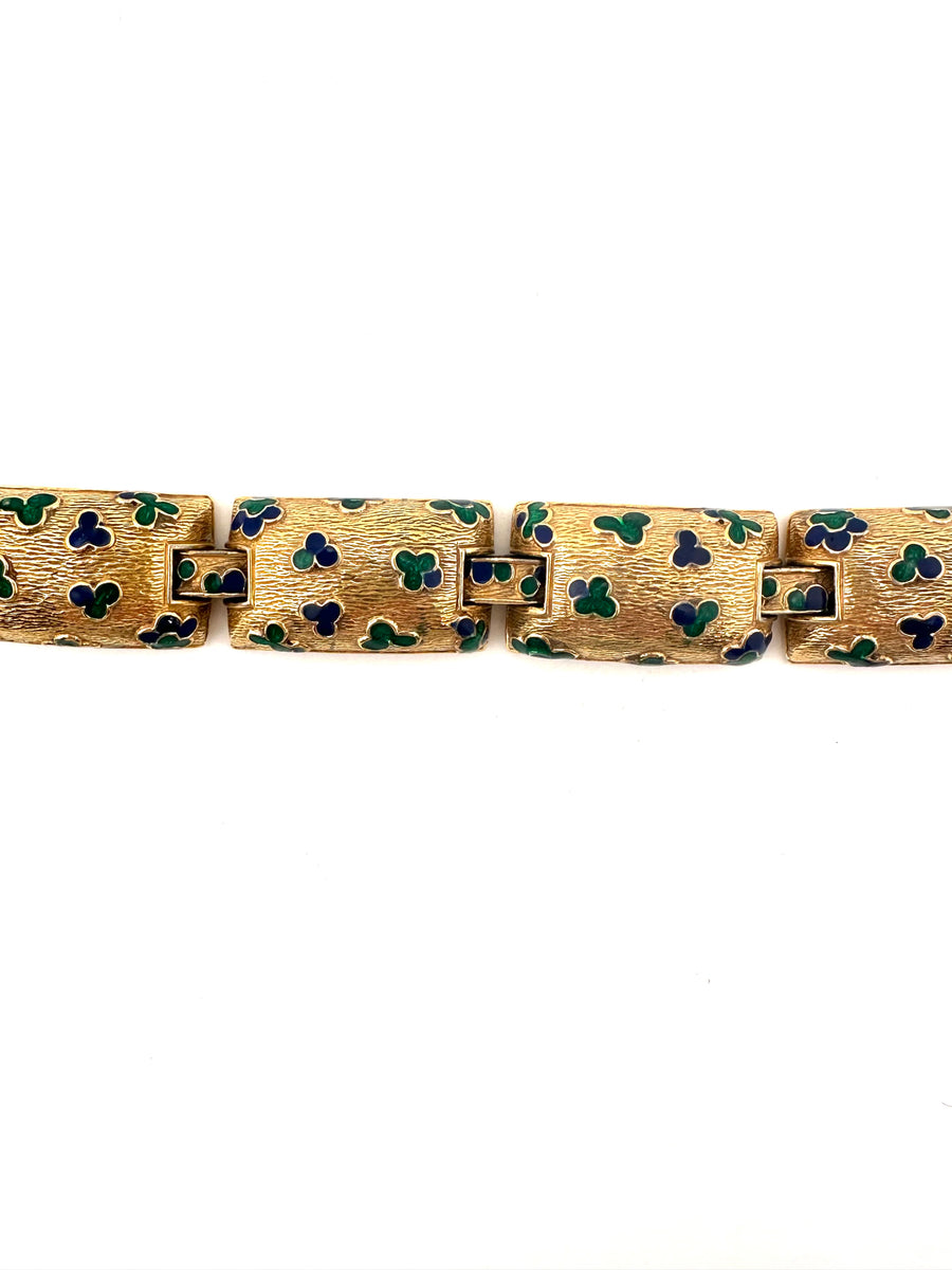 1970s Ciner Gold Link Bracelet with Blue and Green Enamel Shapes