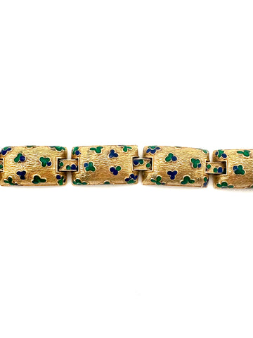 1970s Ciner Gold Link Bracelet with Blue and Green Enamel Shapes