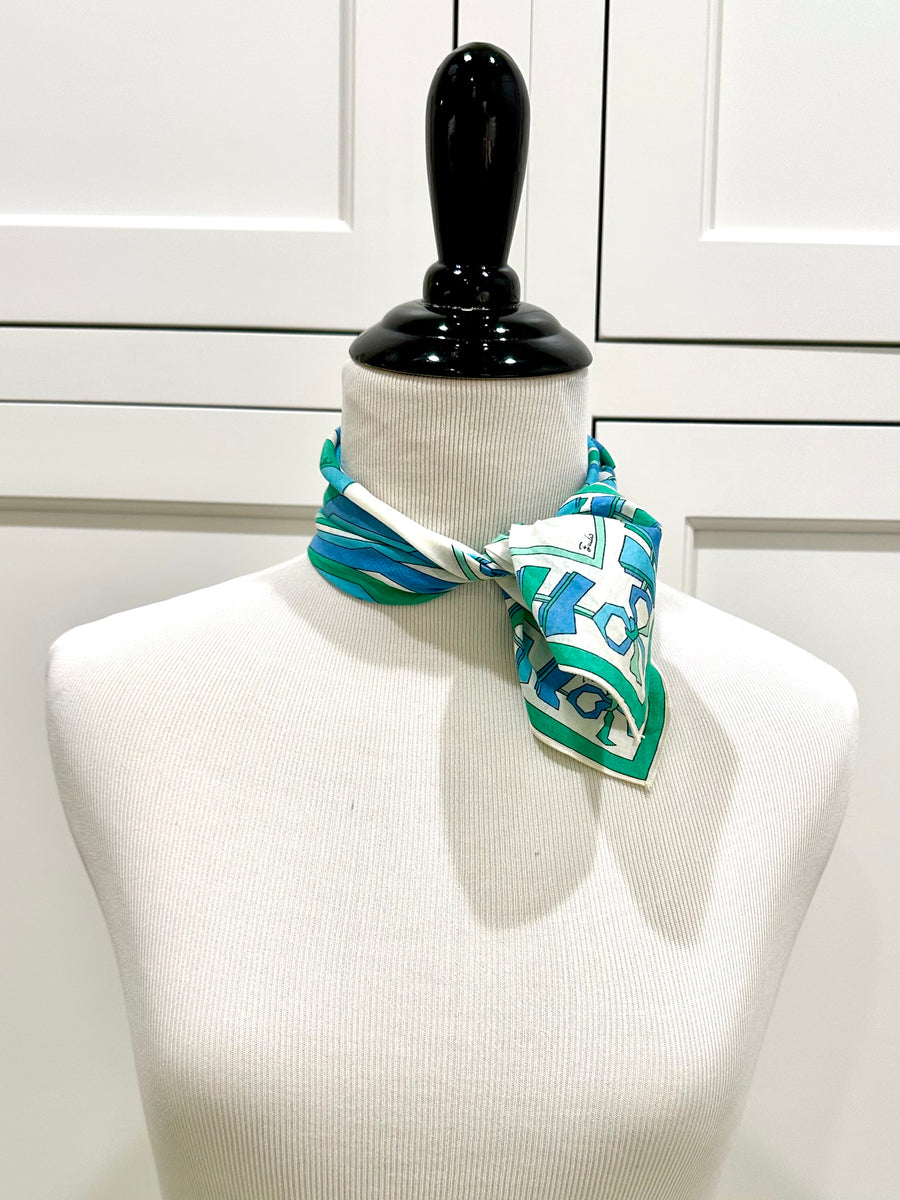 1970s Vintage Emilio Pucci Green and Blue Small Cotton Scarf