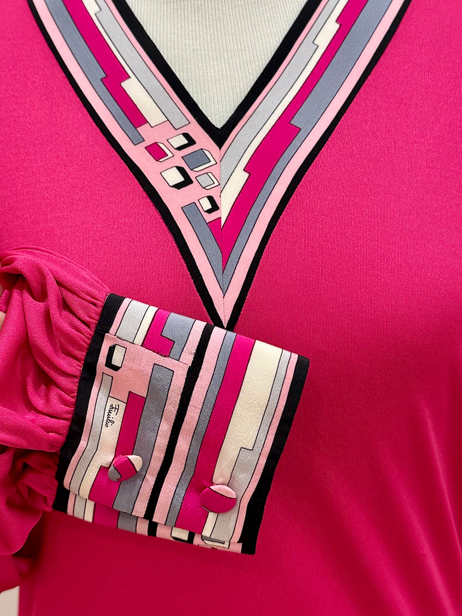 Vintage 1970s Emilio Pucci Fushia Drop Waist Dress with Printed Skirt