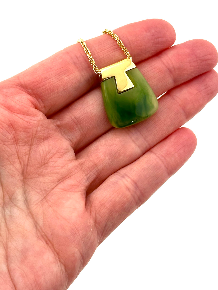1960s Modernist Trifari Faux Jade Pendant Necklace