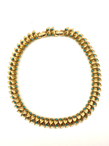 1950s Matte Gold and Turquoise Choker Necklace
