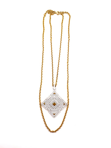 1960s Trifari White Enamel Geometric Pendant on Double Chain Necklace