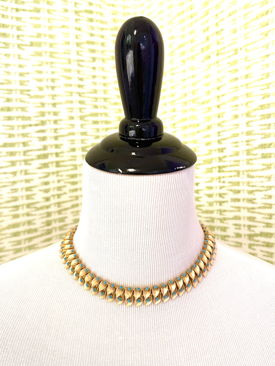 1950s Matte Gold and Turquoise Choker Necklace