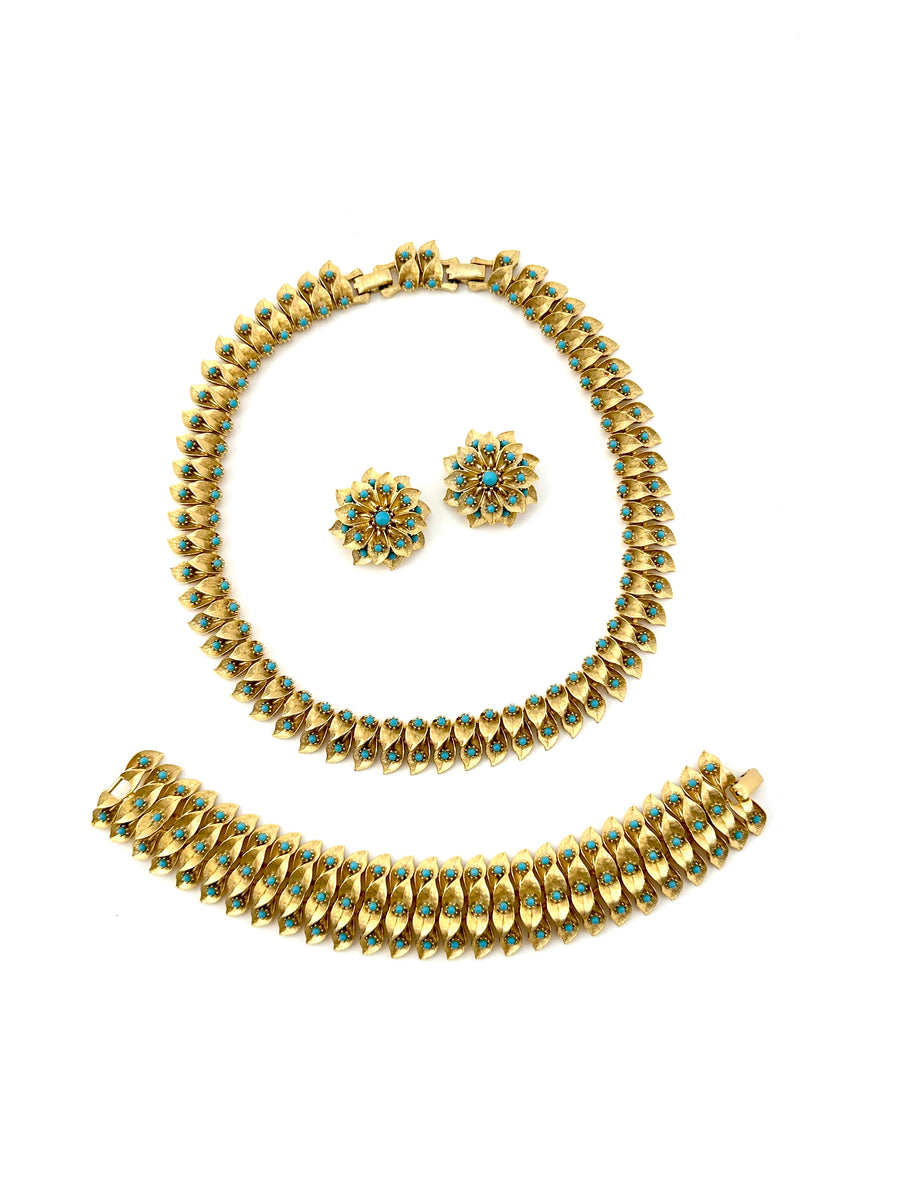 1950s Matte Gold and Turquoise Bracelet