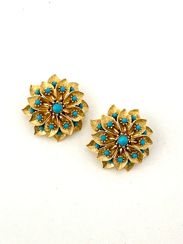 1950s Matte Gold and Turquoise Earrings