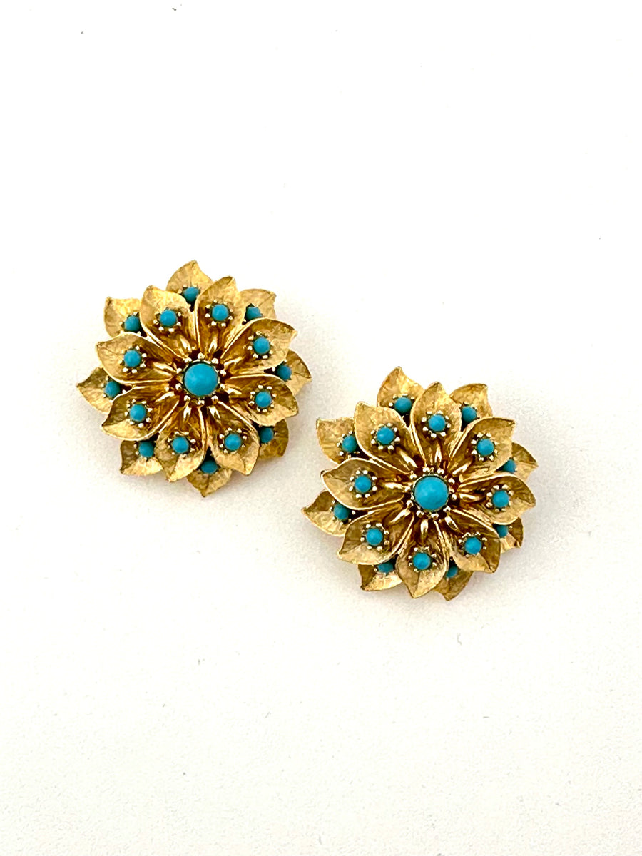 1950s Matte Gold and Turquoise Earrings