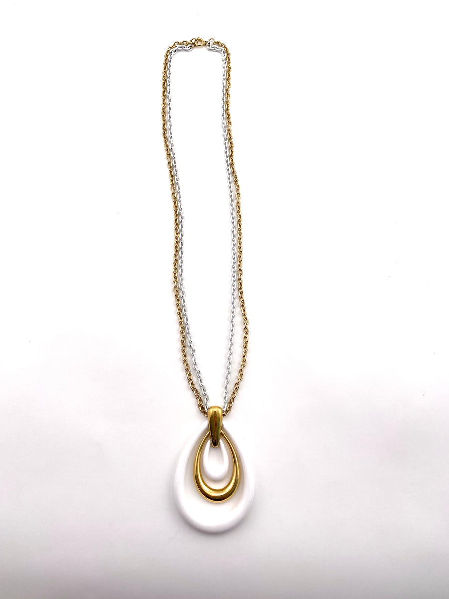 1960s Trifari White and Gold Mod Pendant Necklace
