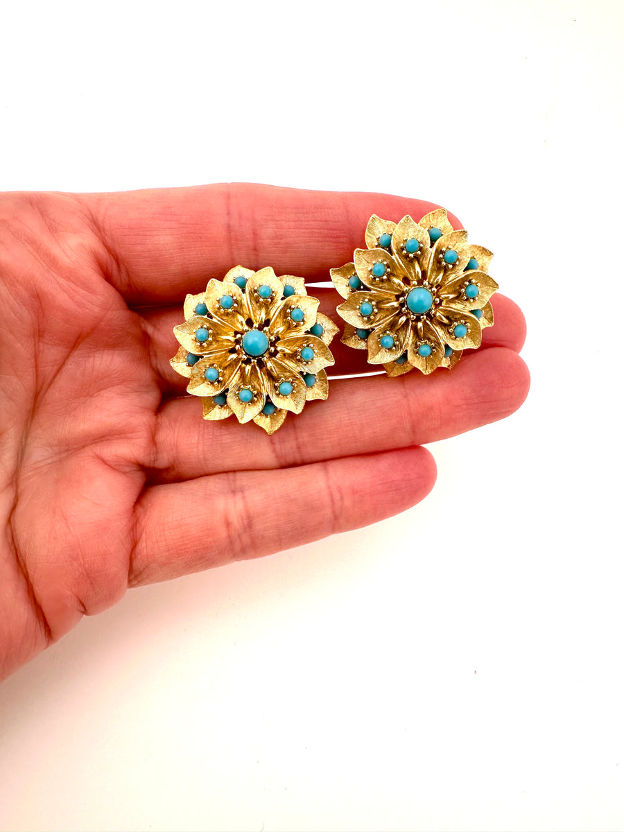 1950s Matte Gold and Turquoise Earrings