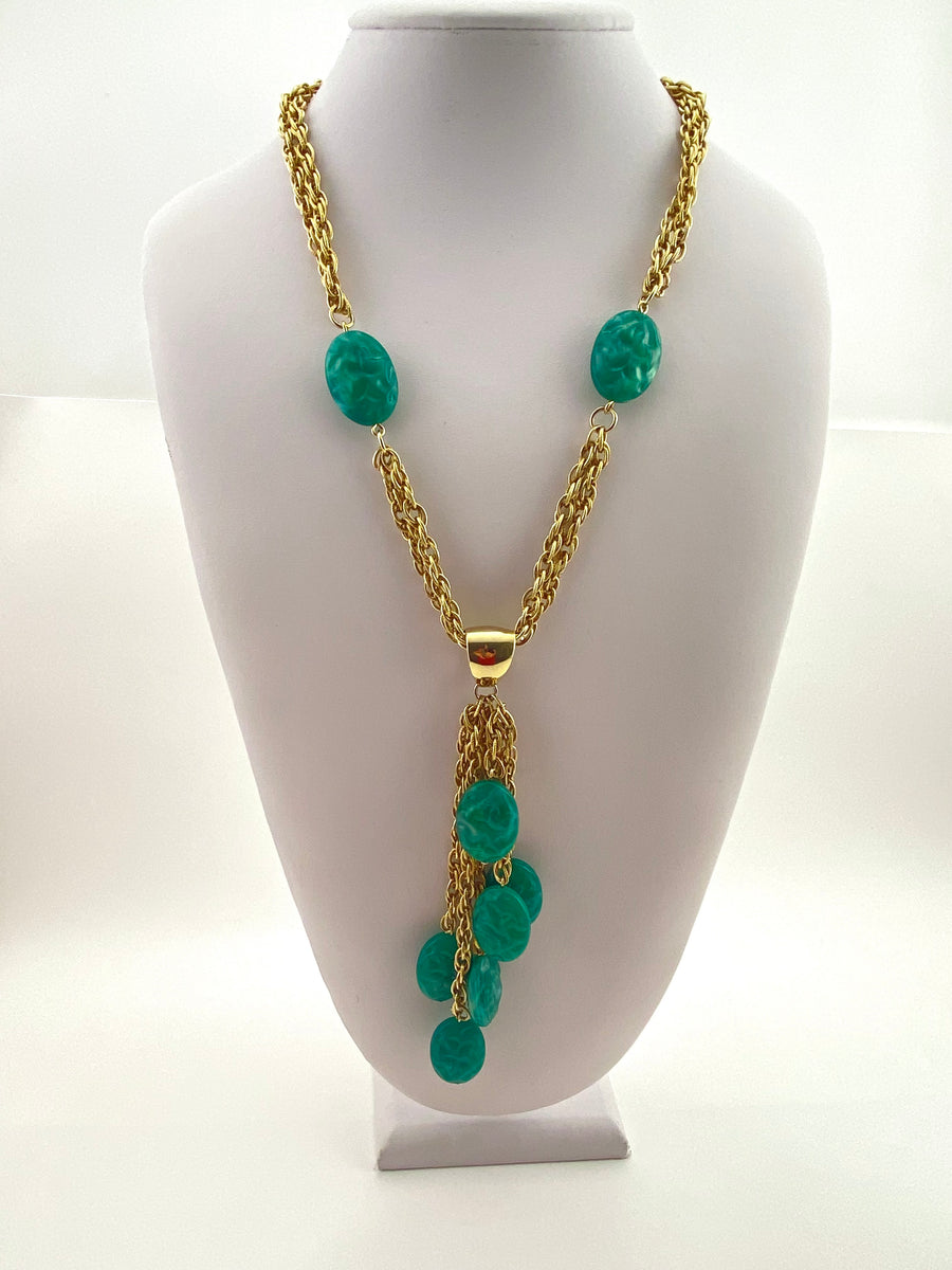 1970s Goldtone Necklace with Faux Carved Jade Beads