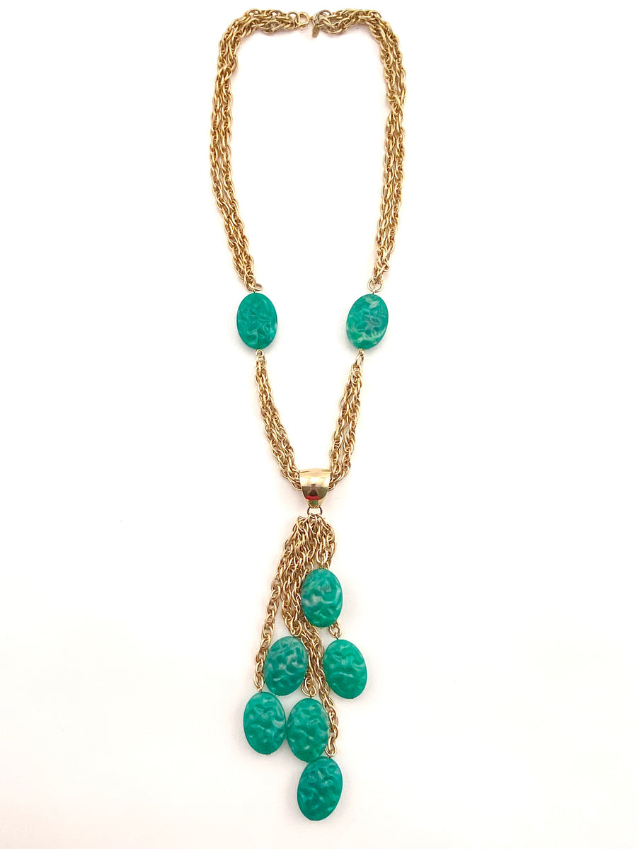 1970s Goldtone Necklace with Faux Carved Jade Beads