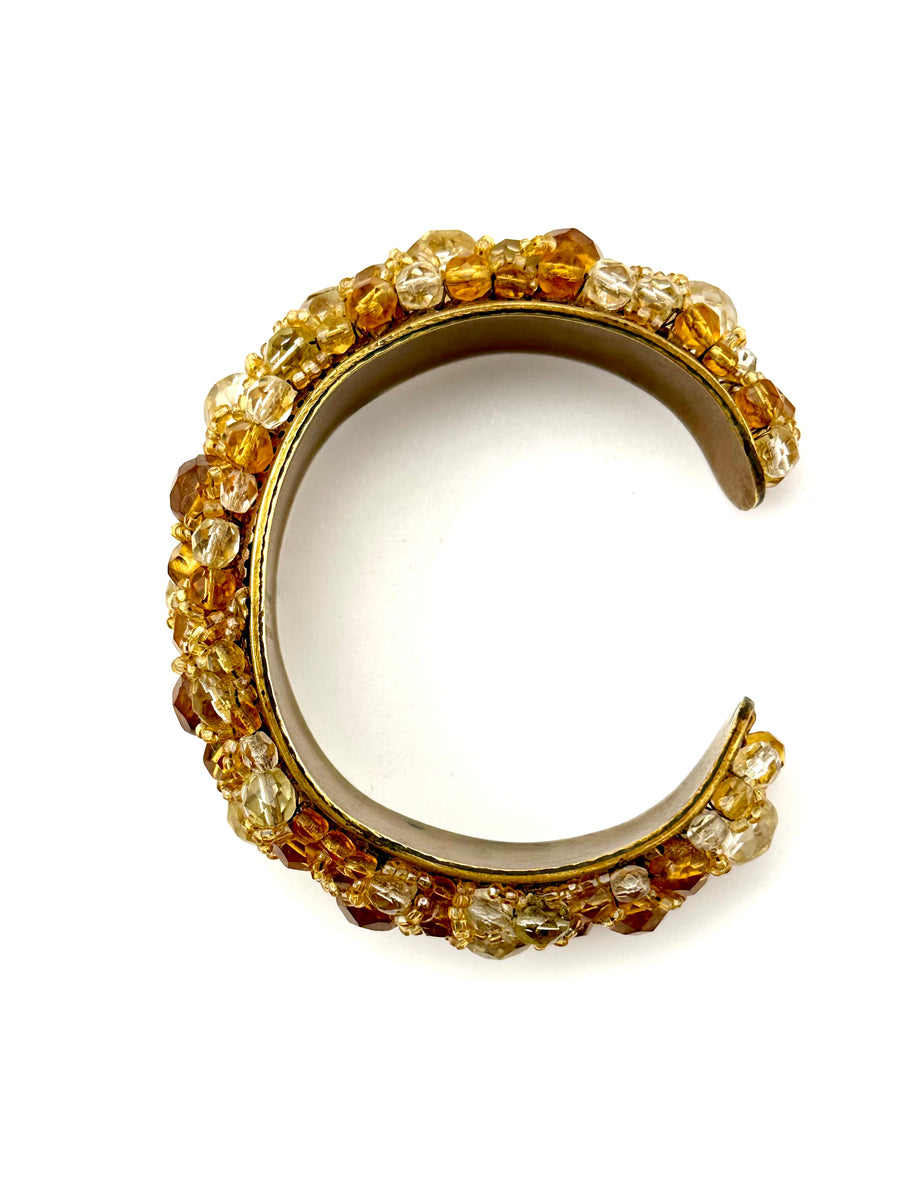 1950s Coppola e Toppo Amber Crystal Beaded Brass Cuff Bracelet