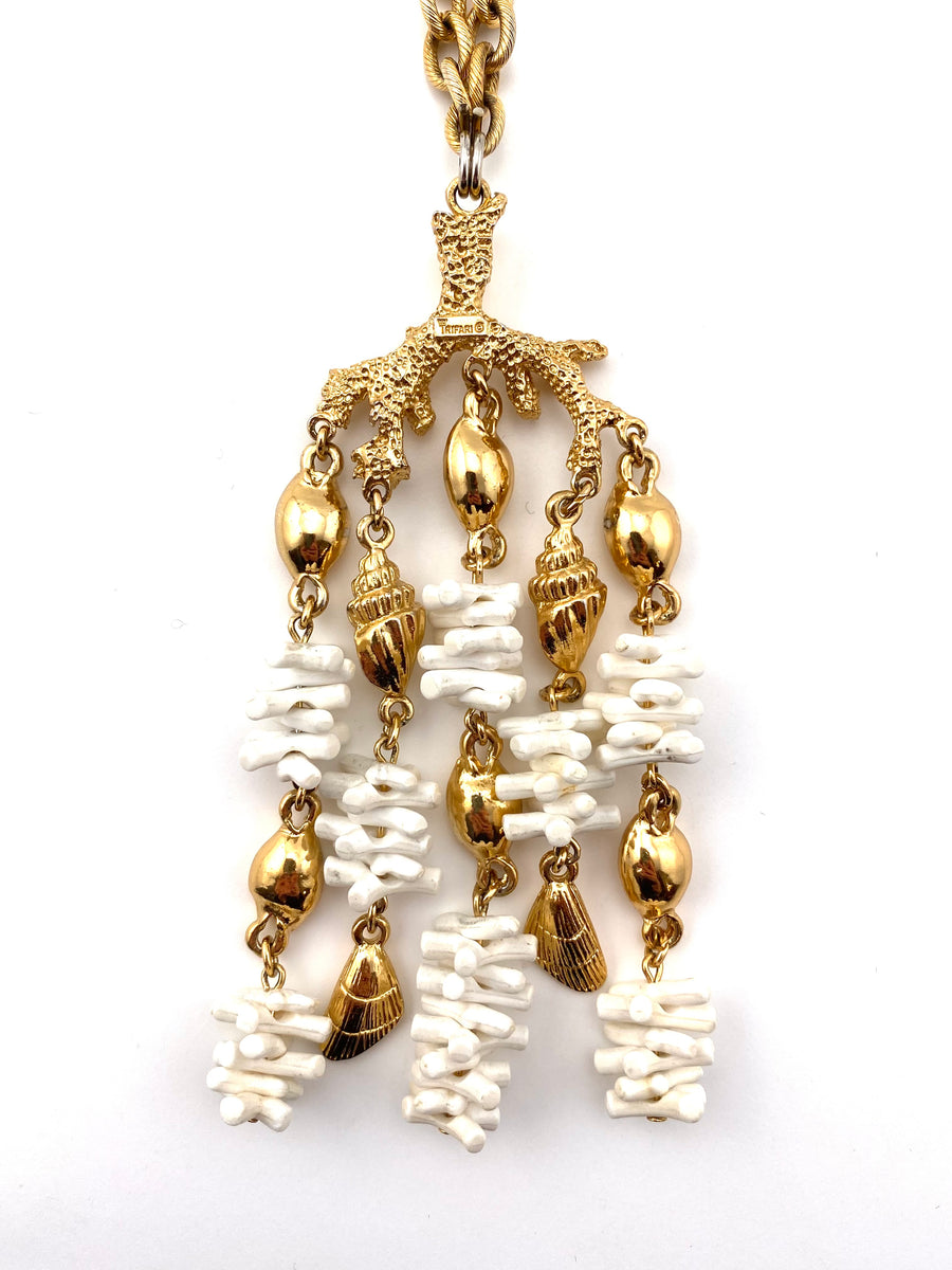 1960s Trifari White Coral and Shell Pendant Necklace