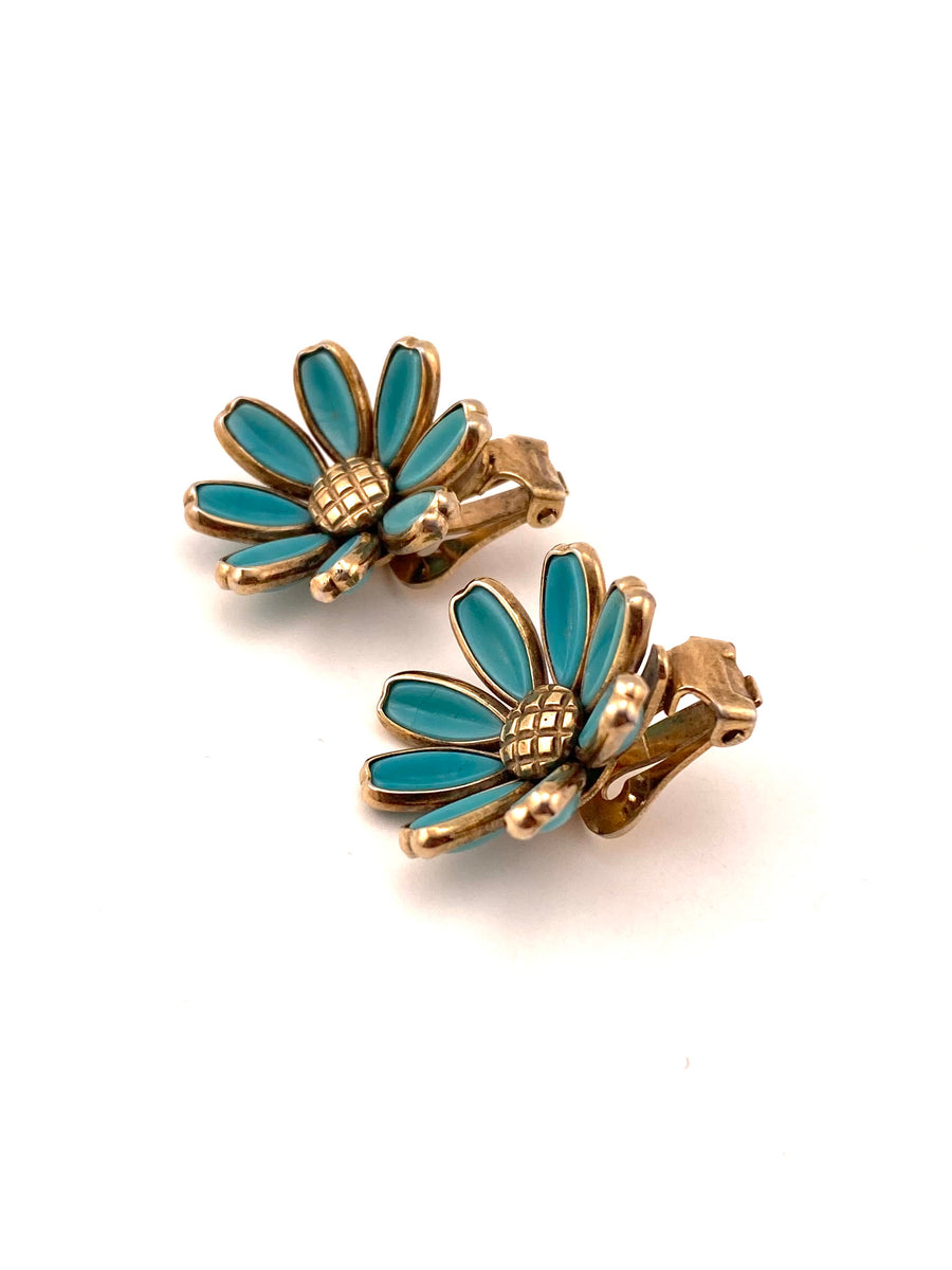 1950s Trifari Turquoise Glass Flower Earrings