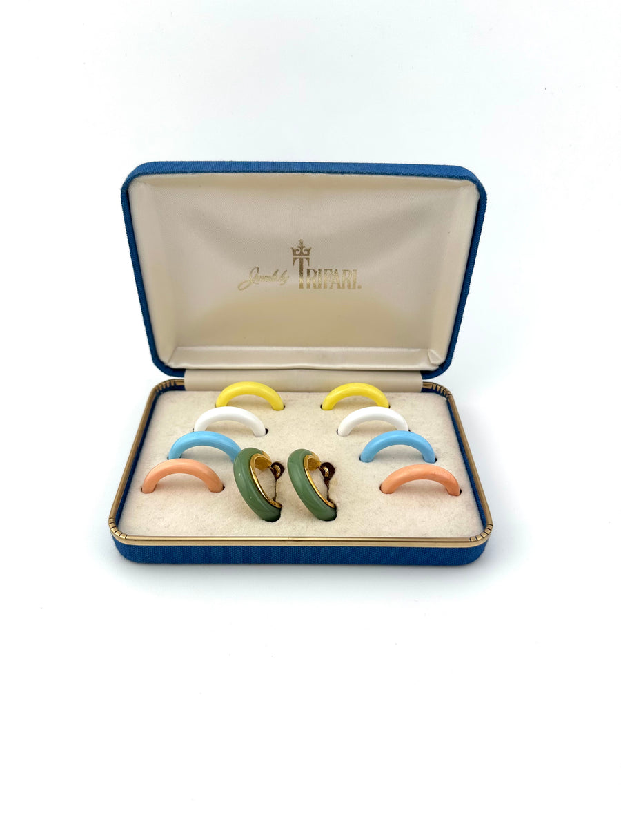1960s Trifari Interchangeable Pierced Hoop Earrings Set Original Box