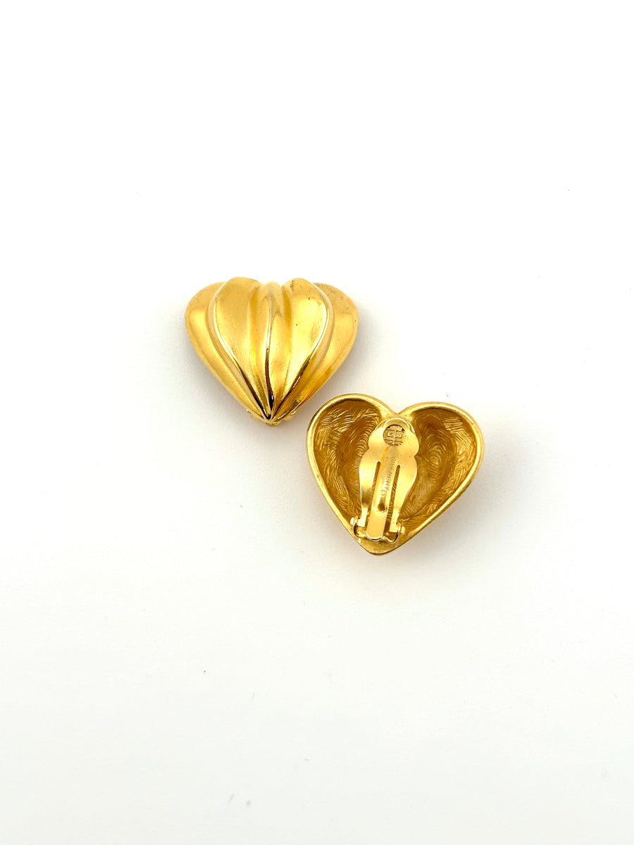 1980s Givenchy Goldtone Heart Clip Earrings