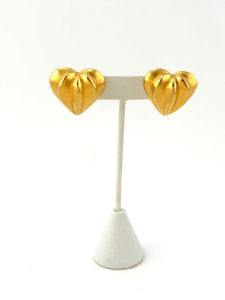 1980s Givenchy Goldtone Heart Clip Earrings