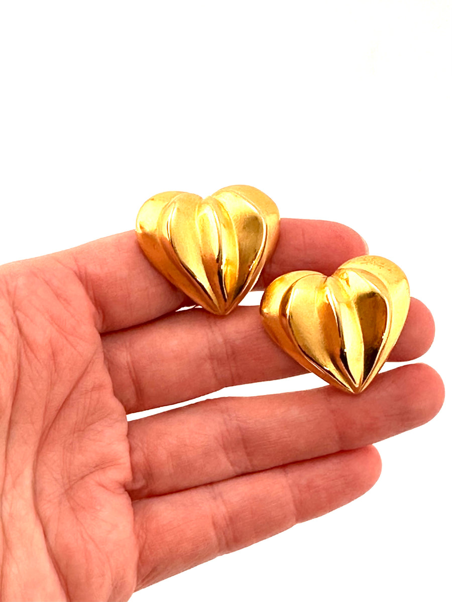 1980s Givenchy Goldtone Heart Clip Earrings