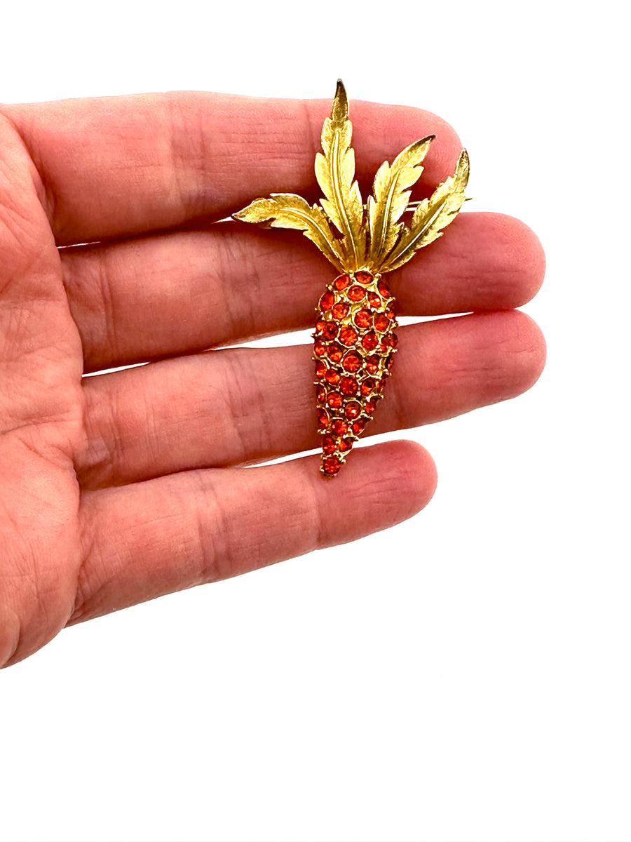 Vintage Orange Rhinestone Carrot Brooch