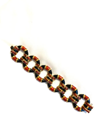 1970s Ciner Black and Tomato Red Enamel Link Bracelet