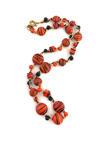 1980s Murano Orange and Black Glass Bead and String Necklace