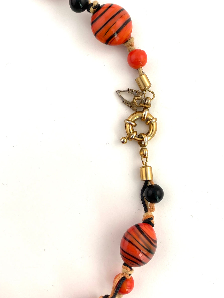 1980s Murano Orange and Black Glass Bead and String Necklace