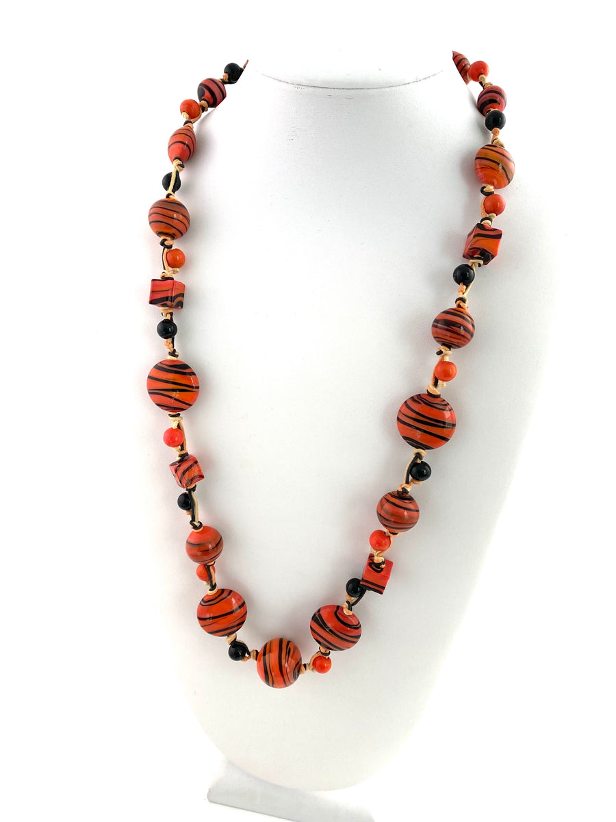 1980s Murano Orange and Black Glass Bead and String Necklace