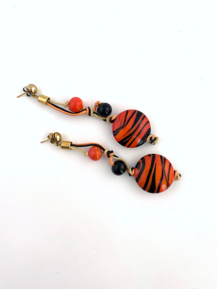 1980s Murano Glass Orange and Black Dangle Earrings