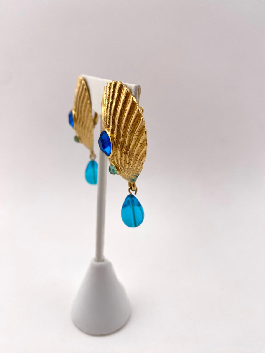 1970s Trifari Shell and Glass Stone Earrings Matsumoto