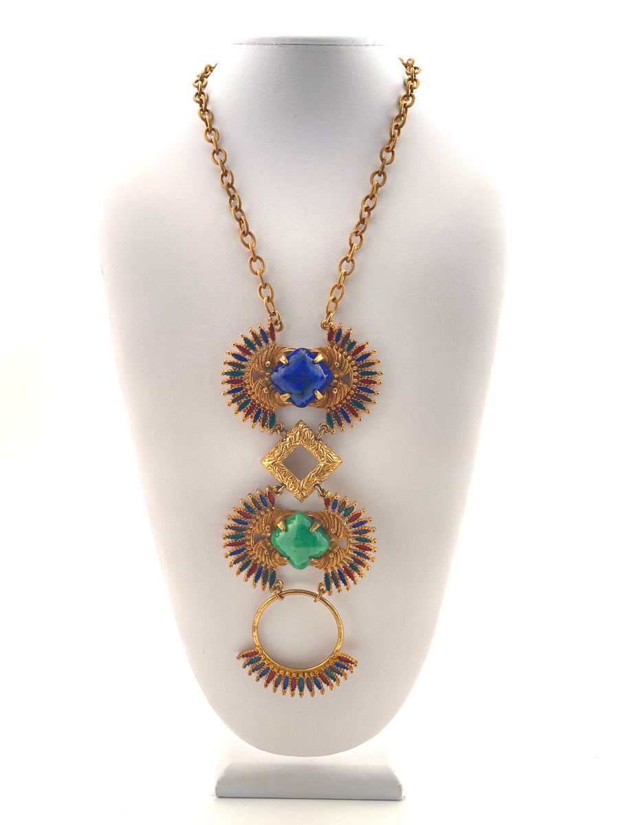 1973 Castlecliff Blue and Green Stone Pendant Necklace