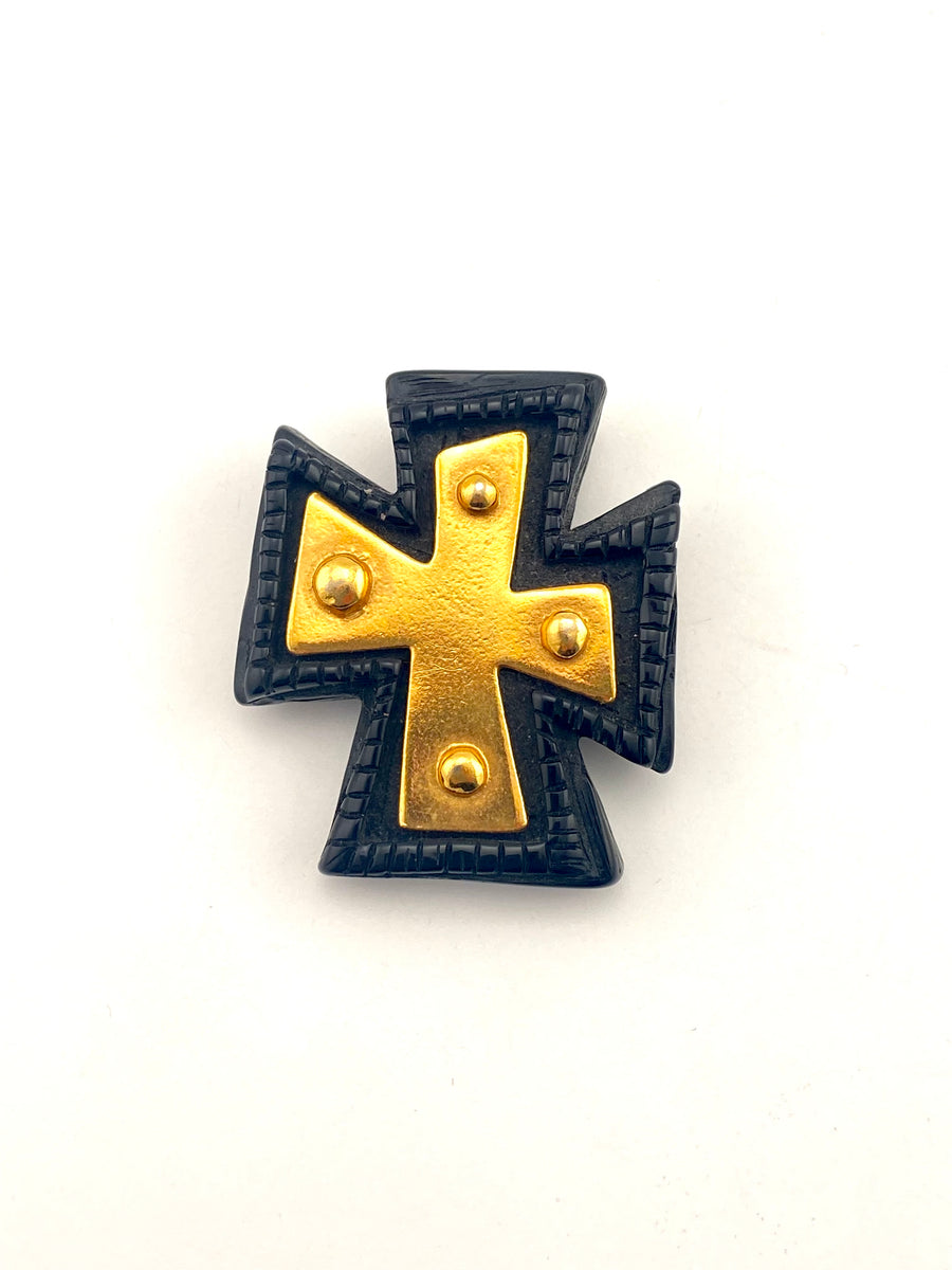 1990s Christian LaCroix Black and Gold Cross Brooch
