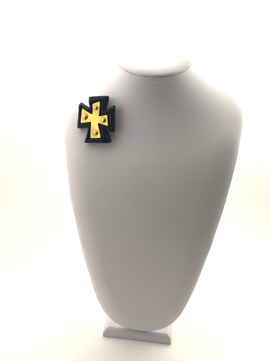 1990s Christian LaCroix Black and Gold Cross Brooch