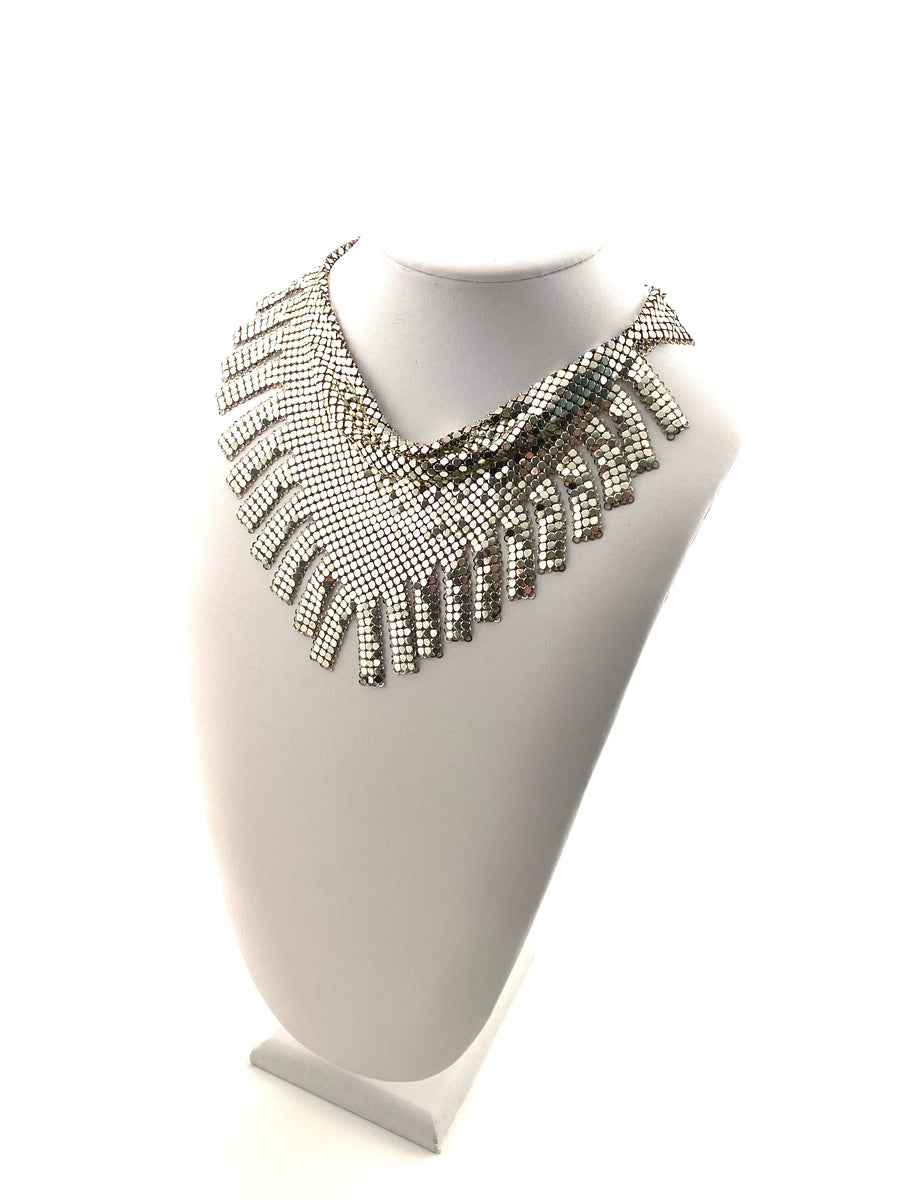 1970s Whiting & Davis Silvertone Mesh Fringed Bib Necklace