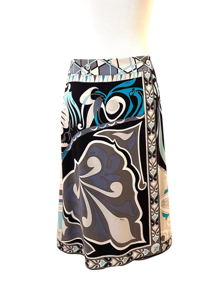 Vintage Emilio Pucci Turquoise and Gray Silk Skirt and Top Set