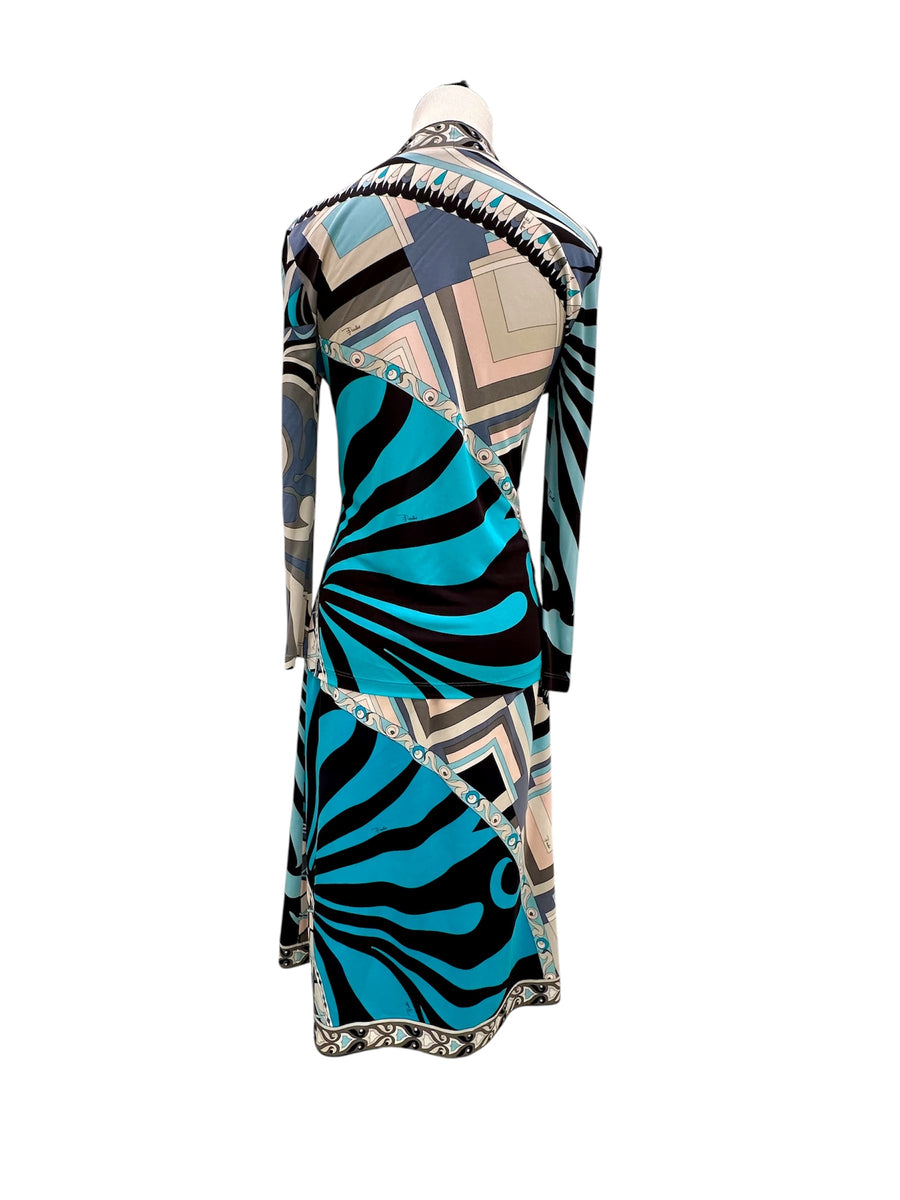 Vintage Emilio Pucci Turquoise and Gray Silk Skirt and Top Set