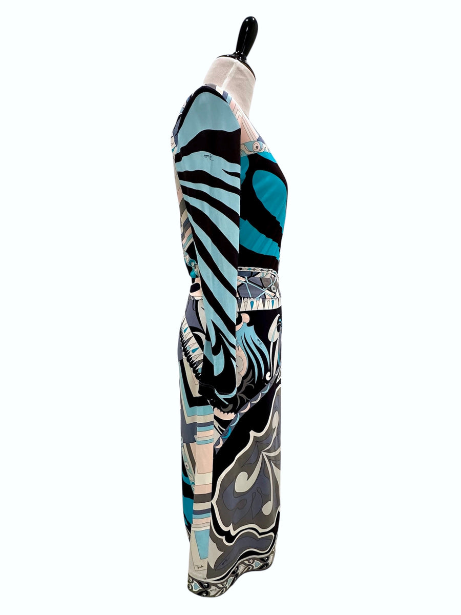 Vintage Emilio Pucci Turquoise and Gray Silk Skirt and Top Set
