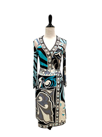 Vintage Emilio Pucci Turquoise and Gray Silk Skirt and Top Set