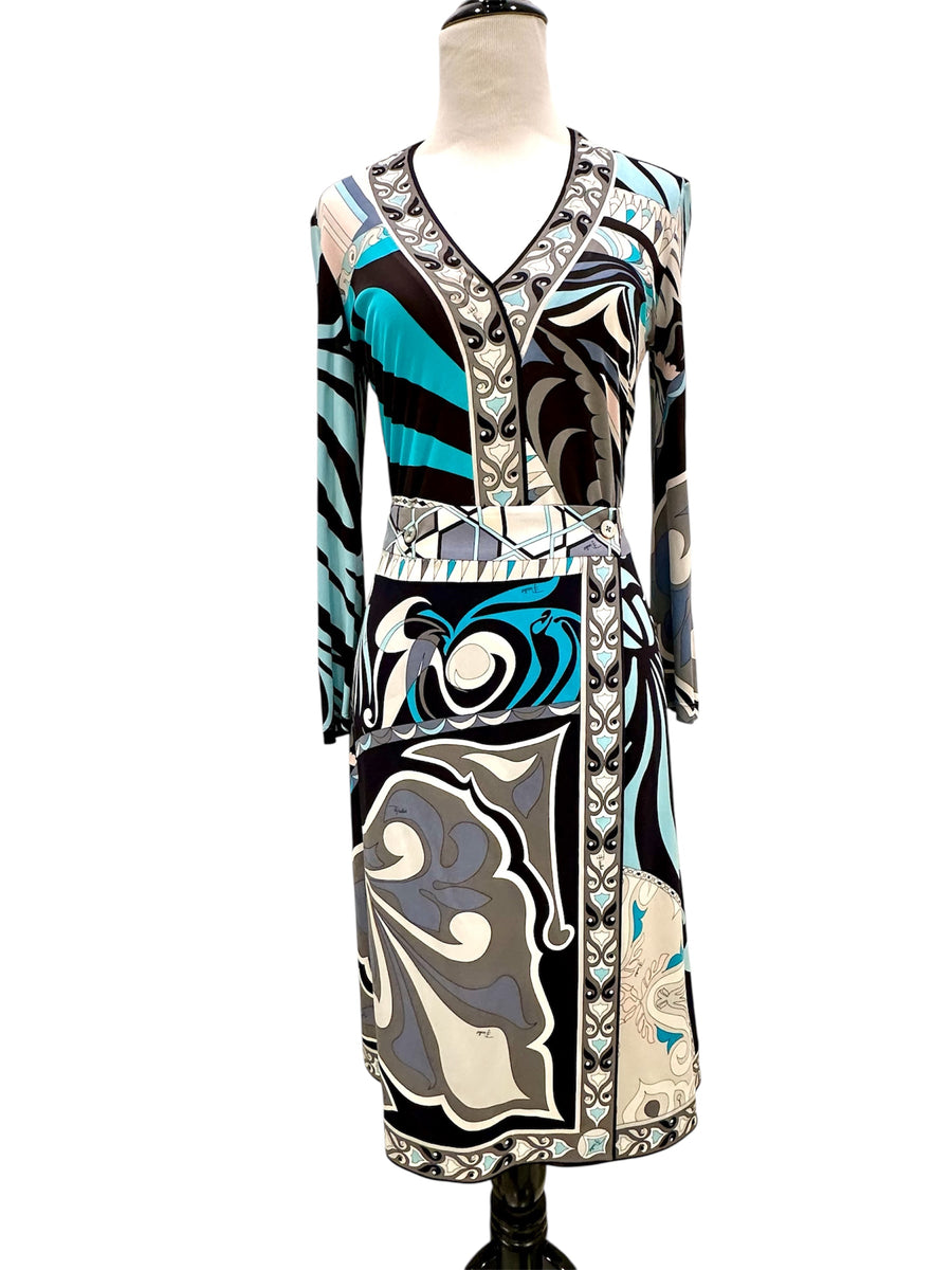 Vintage Emilio Pucci Turquoise and Gray Silk Skirt and Top Set
