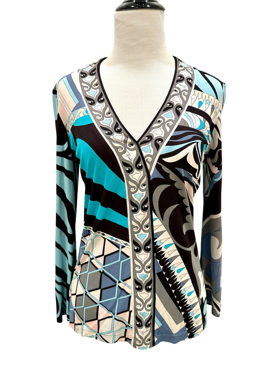 Vintage Emilio Pucci Turquoise and Gray Silk Skirt and Top Set
